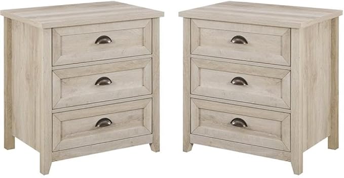Walker Edison Hazel 2-Piece Modern Farmhouse 3 Drawer Framed Nightstand with Half-Moon Handles, Set of 2, White Oak