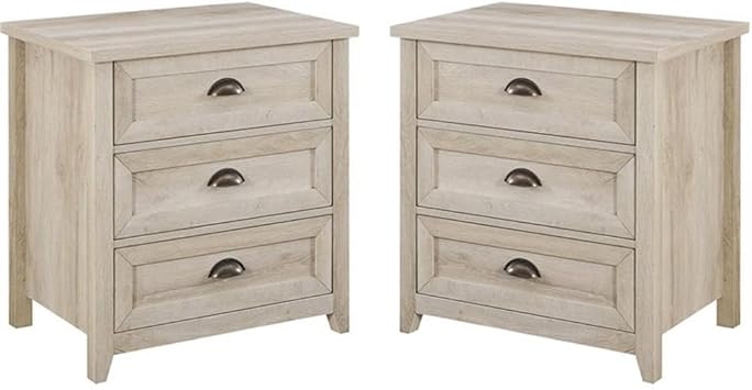 Walker Edison Hazel 2-Piece Modern Farmhouse 3 Drawer Framed Nightstand with Half-Moon Handles, Set of 2, White Oak