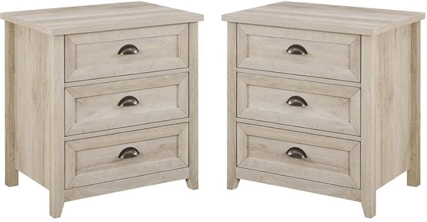 Walker Edison Hazel 2-Piece Modern Farmhouse 3 Drawer Framed Nightstand with Half-Moon Handles, Set of 2, White Oak
