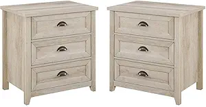 Walker Edison Hazel 2-Piece Modern Farmhouse 3 Drawer Framed Nightstand with Half-Moon Handles, Set of 2, White Oak