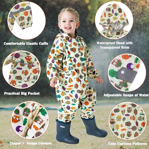 Kids Toddler Rain Suit for Boys Girls One Piece Hoodie Zipper Cartoon Waterproof Coverall Rain Jacket 1-10 Years2