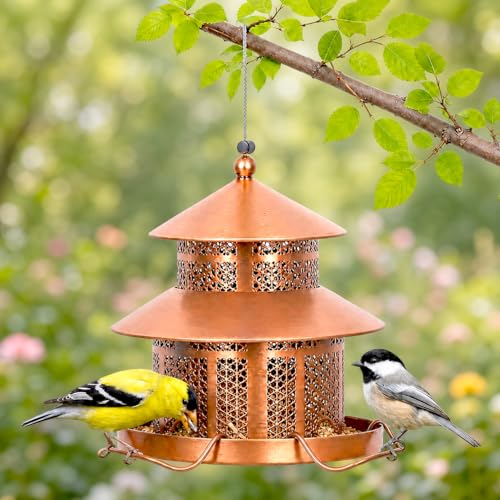 Hanging Bird Feeder for Small Birds 2LB Capacity Heavy Duty Metal Wild Bird Feeders with 4 Perches for Garden Yard Easy to Clean and Refill Vintage Copper