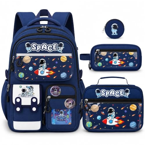 SZWNHS Space Backpack for Boys, 4 PCS Boys Backpack with Lunch Box Set, Spaceman Large Laptop Bookbag, School Bag for Elementary Kids & Teens