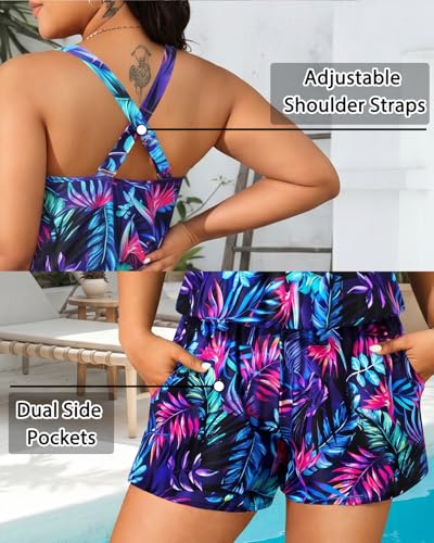 Image of Tempt Me Women Romper One Piece Swimsuits with Short | with Pockets, Modest, Removable cups, Boyleg, Full coverage