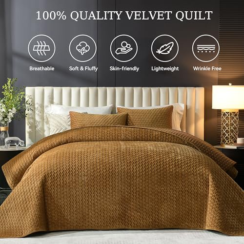 Image of Grassix Velvet Quilt Set Queen Size, Luxury Cross Stitch, Gold Caramel