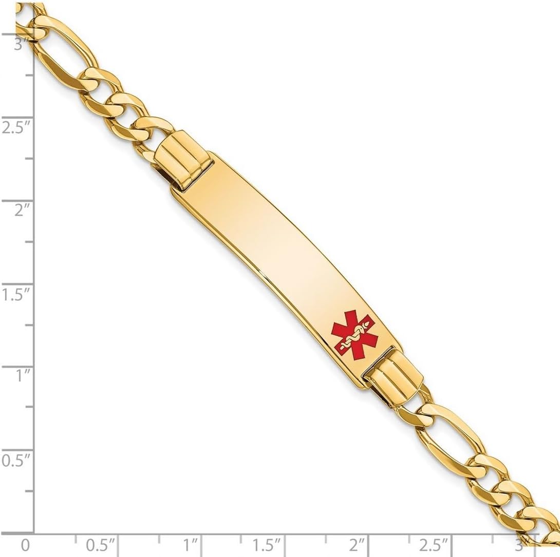 JewelryWeb 10.5mm 14k Solid Yellow Gold Medical Red Enamel Flat Figaro Link ID Bracelet Identification Bracelet for Women