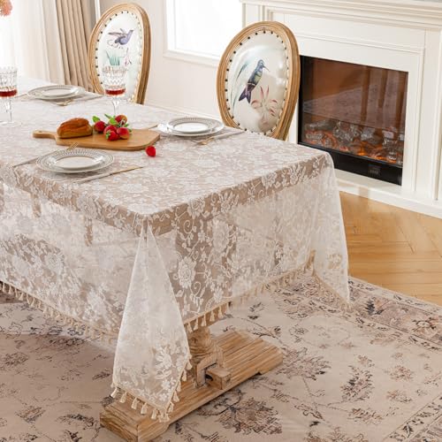 hometrixx Nappe en Dentelle Brodée - 140x180cm Tissu Polyester Luxe à Franges pour Table, Mariage, Décoration Maison (Motif Rose)