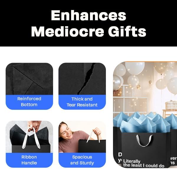 MilkToast Brands Funny Gift Bags, 16" x 6" x 12" Size, 5-Pack Set with Assorted Sarcastic Phrases, Large Black Kraft Paper Bags for White Elephant Gifts, Christmas, Holidays, Office Parties, Birthdays