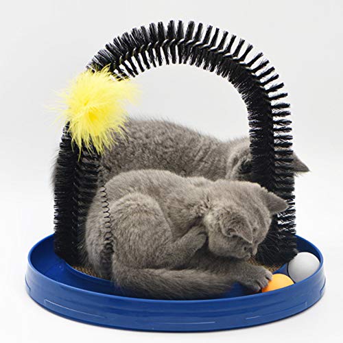 4 in 1 multifunction Self Grooming Cat Arch- Bristle Ring Brush and Carpet Base Groomer, Massager, Scratcher for Controlling Shedding, Healthy Fur and Claws (Blue)