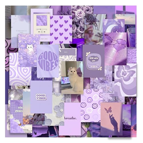 Image of ZENDEN STORE Pack of 54 Aesthetic Lavender Wall Collage Kit Posters - 4x6 Inch, 300 GSM Matte Cardstock with 300+ Glue Dots - Pastel Wall Decor for Bedroom, Dorm, Office