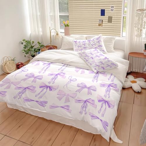 Reateforin Trendy Purple Bow Duvet Cover Full Queen Size Coquette Bedding Set Graceful Style Light Purple Bowknot Bed Cover,Kids Girls Super Soft Bedding Set Funky Preppy Girly Room Decor 88