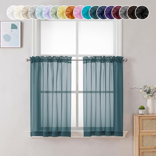 Image of Chyhomenyc Dusty Blue Sheer Curtains 36 inch Length 2 Panels, Light Filtering Voile Short Window Curtians for Bathroom Small Windows, 42Wx36L inches,Stone Blue
