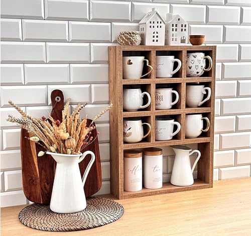 Image of Hamdan Collection Wall Mounted Mug Shelf - Coffee Cup Storage - Kitchen Wall Rack - Floating Cup Organizer - Rustic Coffee Bar Shelf (10)