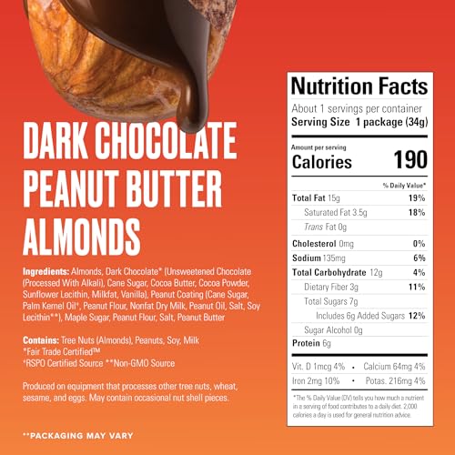 Image of SkinnyDipped Dark Chocolate Peanut Butter Almonds, 1.2oz Bags | 15 Pack | Crunchy Whole Almonds Thinly Dipped in Chocolate | Gluten Free | Plant Protein Snack Packs