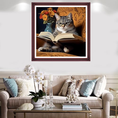 Image of Redxing Stamped Cross Stitch Kits Full Range of Embroidery Starter Kits- Needlepoint Counted Cross Stitch Kits for Beginner Adults 11CT Printed Embroidery Kit-Cat Reading 18x18 inch