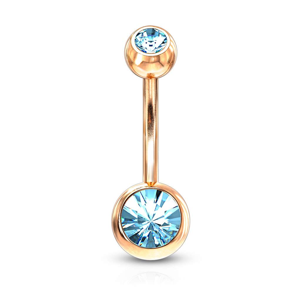 PiercedOff 316L Surgical Steel IP Rose Gold Tone Externally Threaded Flower With CZ Petals Dangle Belly Bar - Thickness 14GA (1.6mm) / Length 10mm / Ball Size 5mm / Flower 14.5mm - Online Marketplace
