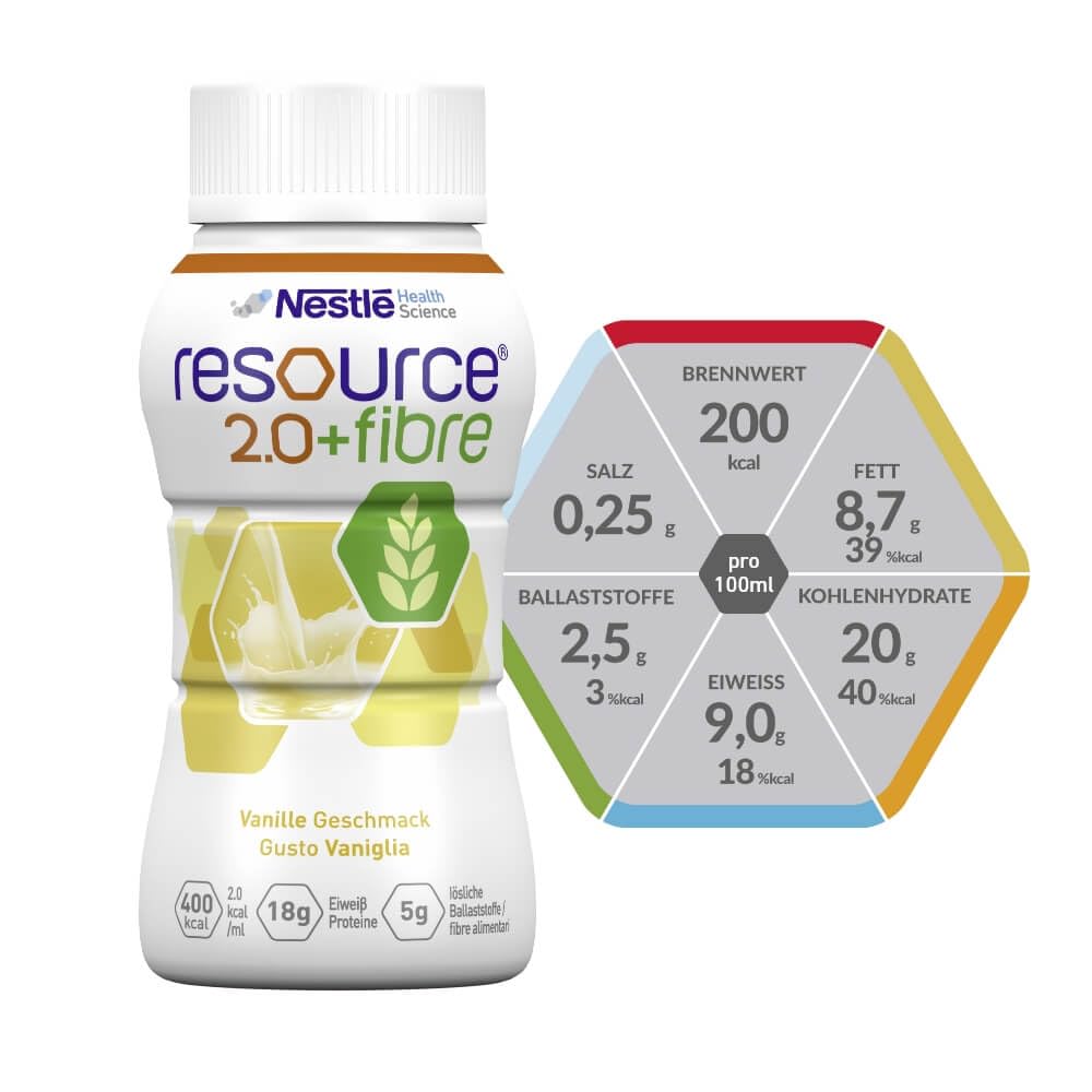 resource® 2.0+fibre Vanille | 24x200ml | Hochkalorische Trinknahrung bei ungewolltem Gewichtsverlust | Astronautennahrung | Aufbaunahrung | 400 Kalorien + 18g Eiweiß/Flasche | mit Ballaststoffen