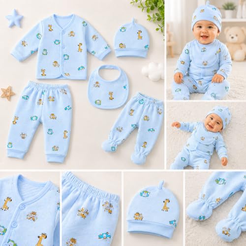 Image of First Kick Presents New Born Baby Summer Wear Baby Clothes 5Pcs Sets 100% Cotton Baby Boys Girls Unisex Baby Cotton /Summer Suit Infant Clothes First Gift for New Born Baby