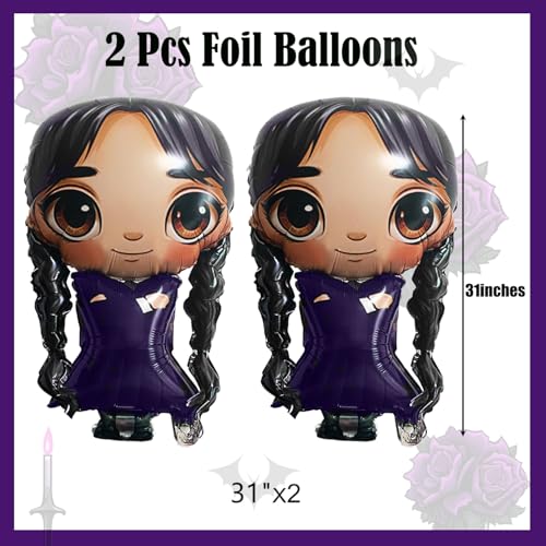 Image of 2Pcs 31 inch Gothic Cartoon Girl & Mixed Gothic Foil Balloons Set Purple Balloons for Mysterious Character theme Party, Birthday, Halloween, and Costume Parties