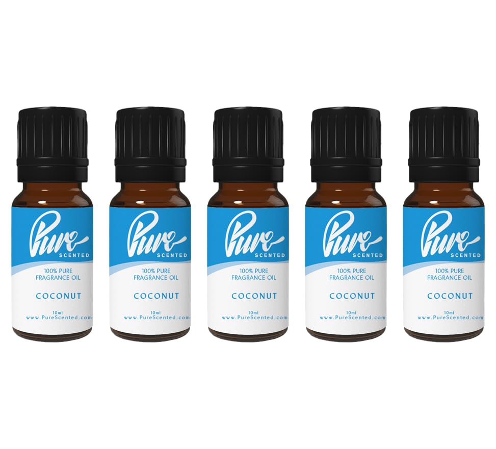 Pure Scented 50ml Fragrance Oils - 5 x 10ml Suitable for Candles, Soaps, Slime, Diffusers, Cosmetics, Wax Melts, Designer (5 x 10ml, Coconut)