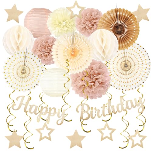 Décoration anniversaire bohème ZERODECO beige crème et champagne doré avec lampions