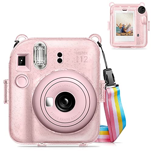 Fintie Protective Clear Case for Fujifilm Instax Mini 12 Instant Camera - Crystal Hard Shell Cover with Upgraded Film Pocket for Storing Photos & Removable Shoulder Strap Glittering Pink