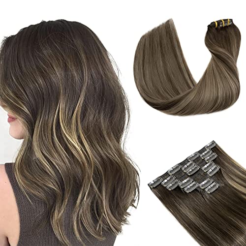 Image of S-noilite Clip in Hair Extensions Real Human Hair 20 Inch Balayage Dark Brown Mixed Chestnut Brown 7pcs 120g Double Weft Thick Silky Seamless Remy Clip in Hair Extensions-#(T2 /6) /2