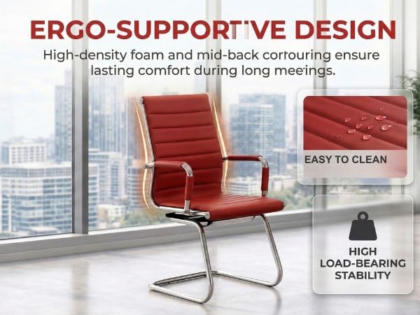 Image of Office Desk Chair Set of 4,No Wheels PU Leather Computer Chairs Mid Back Guest Chairs with Seld Base for School /Reception /Conference /Waiting Room, Burgundy Red