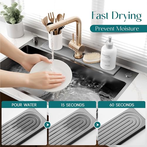 eormoe Kitchen Faucet Absorbent Mat - Diatomaceous Earth Splash Guard for Sink Faucet, Aesthetic Water Absorbing Stone Tray in The Modern Home [Grey, 23.6" x 3.9"] - Image 2