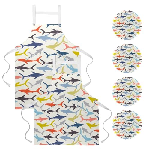 Tablier de serveuse requins multicolores pour restaurant et bistrot