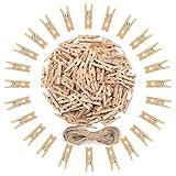 Mini Clothespins, Mini Colored Natural Wooden Clothespins with Jute Twine, Multi-Function Clothespins Photo Paper Peg Pin Craft Clips, 200 Pcs, Mini Size 1.0 inch for Home Arts Crafts Decor by aHeemo