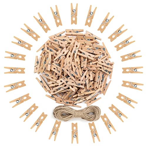 Mini Clothes Pins, 120 Pcs Natural Wooden Clothespins with 10m Jute Twine, 1 Inch Mini Wooden Clips, Mini Clothes Pins for Photo Crafts DIY Weddings and Cocktails Décor (1in/200pcs)
