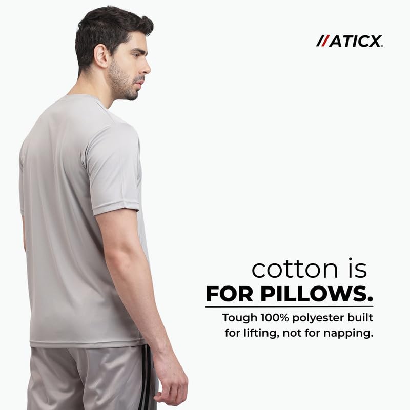 Image of ATICX Slim Fit Polyester Sports T-Shirt for Men - Round Neck Quick Dry Fit Half Sleeve Breathable Stylish Gym & Workout Tee - Lightweight Running Cycling Football Swimming Training Sportswear Top