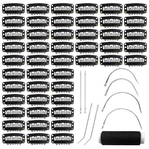 MUIIGOOD 50Pcs 32mm Hairpieces Snap Clips U Shape Wig Clips for Hair Extensions Making Wig Accessories Set Tools (Black)
