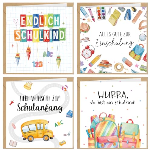 COMOOKA 4 Stück Karte Einschulung Klappkarte Glückwunschkarte Einschulung Mädchen Junge Karten Einschulungskarte zum Schulanfang Schulstart Schulkind Schultüte Füllung