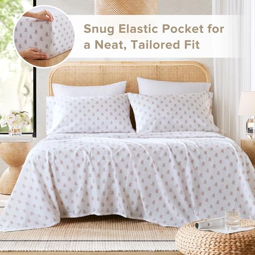 Comfort Spaces 100% Cotton Sheets Queen, Breathable, Naturally Cool Cotton Sheets, Soft Cotton Bed Sheets with 14" Elastic Pocket Fits up to 16" Mattress, All Seasons Sheet Set, Floral Pink 4 Piece