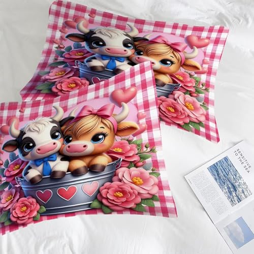 Image of Highland Cow Comforter Set Queen Size Farm Pink Rose Plaid Bedding Sets for Kids Teens Boys Girls Bedroom 3D Cute Cartoon Animal Quilt 1 Comforter 2 Pillowcases