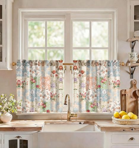 Image of Miss Adola Boho Kitchen Curtains - 24 Inch Length Linen Blend Vintage Floral Cafe Curtains Country Tier Curtain Short Drapes Rod Pocket for Bathroom Living Room Windows Light Filtering, 2 Panels