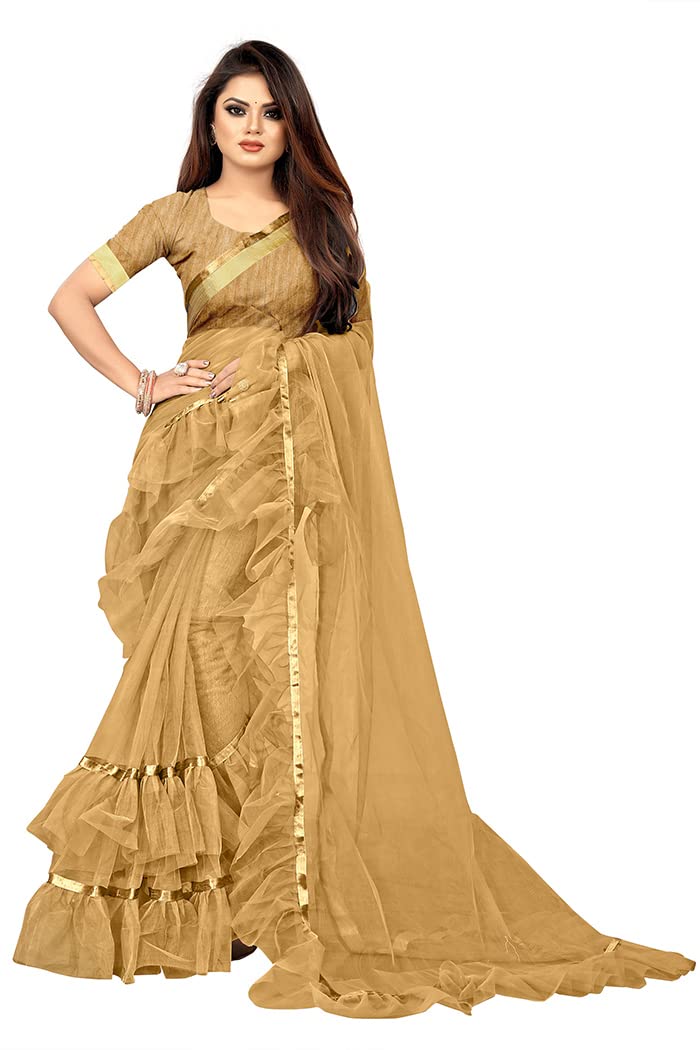 Anjaneya Sarees Women's Woven Net Saree with Blouse Piece (VA-274_Beige)