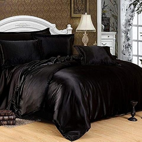Bedify Bedding 100% Pure Silk Satin Duvet with Fitted Set 4 Pcs Silk Fitted Sheet 15" Deep Pocket Silk Duvet Cover Pillowcases Soft Silk Sheets|Wrinkle Free Fade Resistant(Black,King) Cover