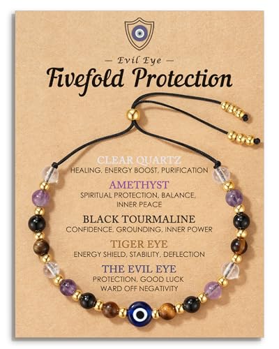 HGDEER Evil Eye Bracelets, Crystal Bracelets Protection Black Tourmaline Tigers Good Luck Gifts Healing Spiritual Jewelry for Women Charm Grounding Positive Energy Stocking Stuffer