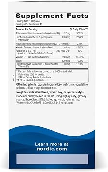 Nordic Naturals Vitamin B Complex, Energy Metabolism - 45 Capsules | 8 essential B vitamins: B1 Thiamine, B2 Riboflavin, B3 Niacin, B6, B12, B9 Folate, B7 Biotin, B5 Pantothenic Acid. Non-GMO