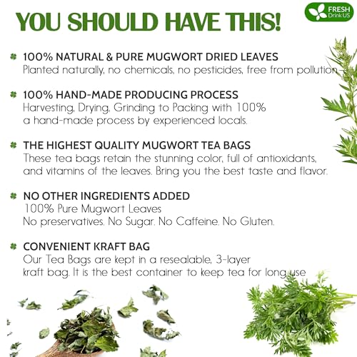 Image of FreshDrinkUS, Premium 60 Mugwort Leaf Tea Bags, 100% Natural and Pure Mugwort Leaves. No Sugar, No Caffeine, No Gluten, Vegan.