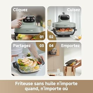 DREAME Tasti Friteuse à Air en Verre Portable 5 en 1, 2 Récipients (2,5 L + 4,5 L), Verre Borosilicate de 6 mm, Air Chaud Circulant en 3D, Compatible Lave-Vaisselle, Vue à 360°, Design Amovible