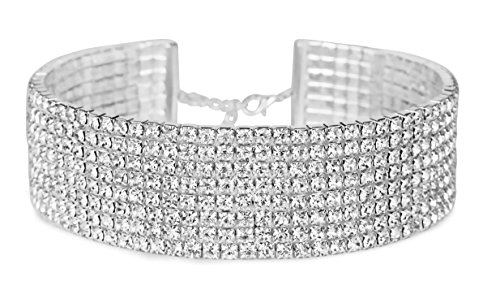 Rhinestone Choker 8 Row Silver by LuxeLife  Womens Crystal Look Necklace with 5 Inch Extender Chain  Classic Fashion Jewelry Accessories  Matches Earrings and Bracelets Flawlessly