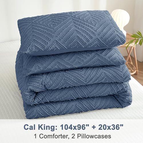 Image of Litanika California King Comforter Set Ocean Blue, 3 Pieces Tufted Boho Farmhouse Bedding Comforter Sets, Lightweight Fluffy Comforter Bed Set All Season (104x96In Comforter & 2 Pillowcases)
