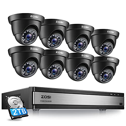 ZOSI 16 Channel Security Camera System 1080p, 1080N H.265+ Hybrid 16 Channel DVR with Hard Drive 2TB and 8 x 1080p CCTV Dome Camera Outdoor Indoor, 80ft Night Vision, 90° View Angle, Remote Access