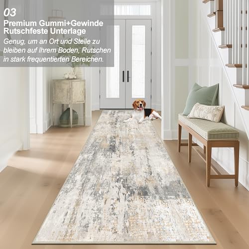 Alfombra abstracta gris y oro 80x300 cm lavable y antideslizante para pasillo 6