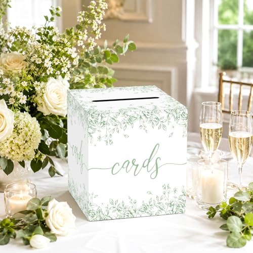 Image of Sage Green Floral Wedding Card Box with Slot for Baby Shower and Birthday | Roomy 8.7 Inch Cube Holds Cards and Envelopes While Keeping Gift Tables Neat at Weddings, Bridal Showers and Garden Parties