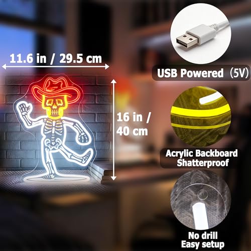 Image of Cowboy Skeleton Neon Sign for Wall Decor Skull Light Up Sign Hallowmas Led Signs for Room Party Home Wall Decor USB Powered